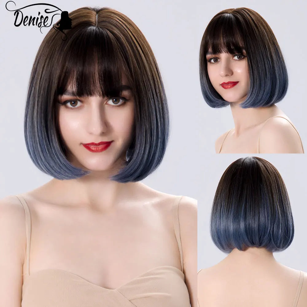 Bob Wig Straight Short Black To Blue Ombre Daily Synthetic Wigs For Women