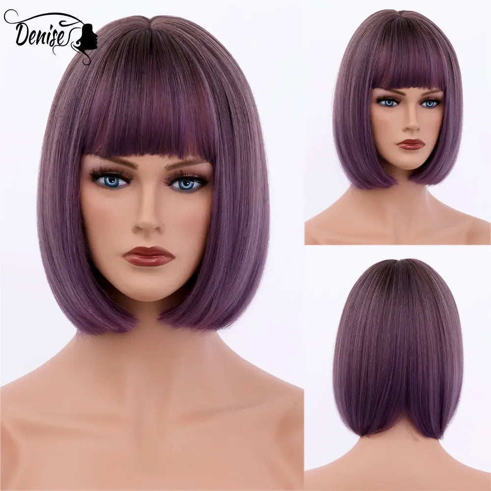 Bob Wig Straight Short Black To Blue Ombre Daily Synthetic Wigs For Women