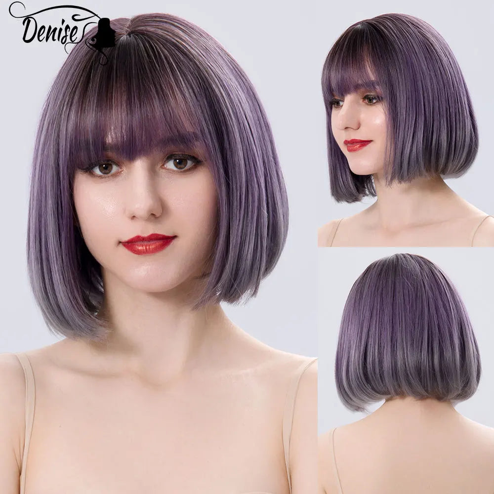 Bob Wig Straight Short Black To Blue Ombre Daily Synthetic Wigs For Women