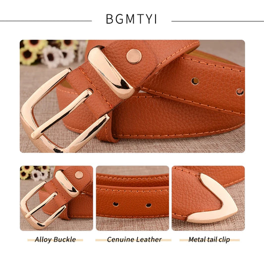 Fashion Women Leather Belts High Quality Gold Buckle Best Matching Dress Jeans Belts for Lady