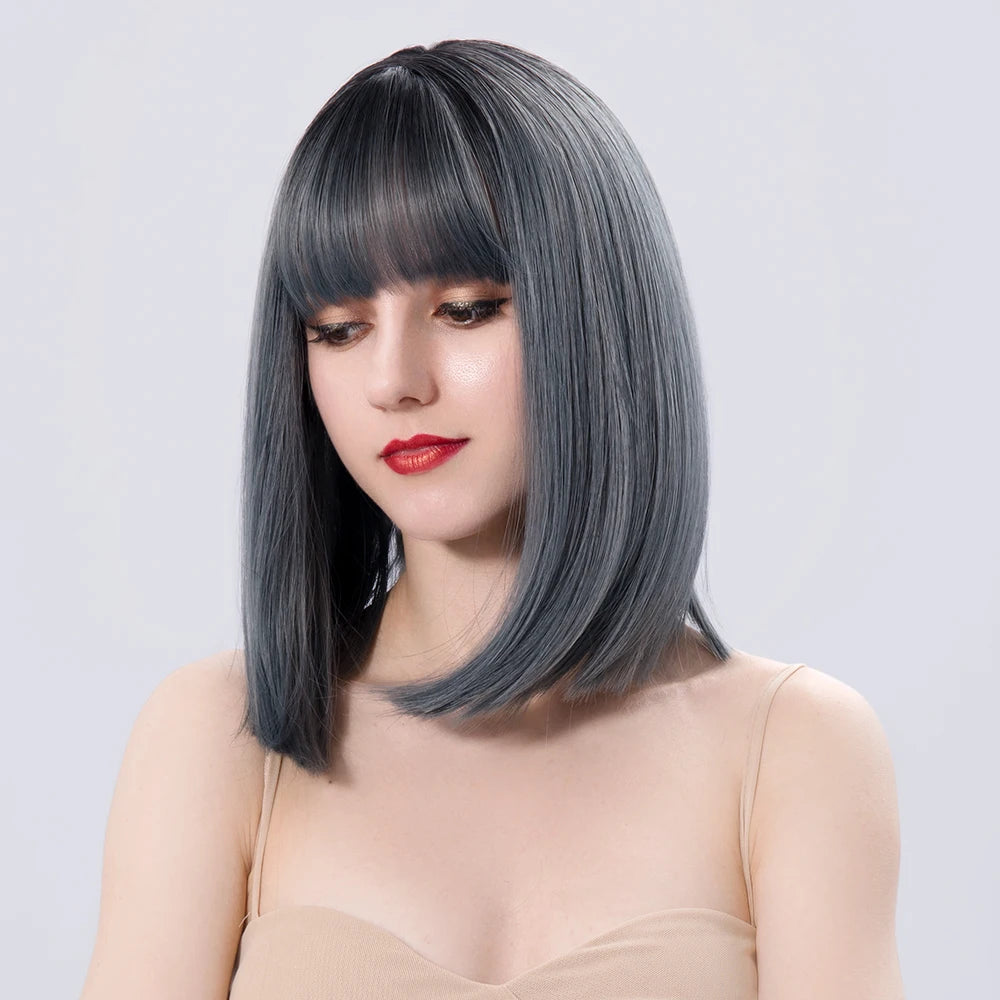 Bob Wig Straight Short Black To Blue Ombre Daily Synthetic Wigs For Women