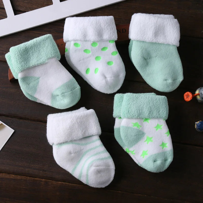 5 pair/lot unisex Socks 0-12months جوارب ممتازة ودافئة لحديثي الولادة والرُّضع. نوعية مريحة ودافئة