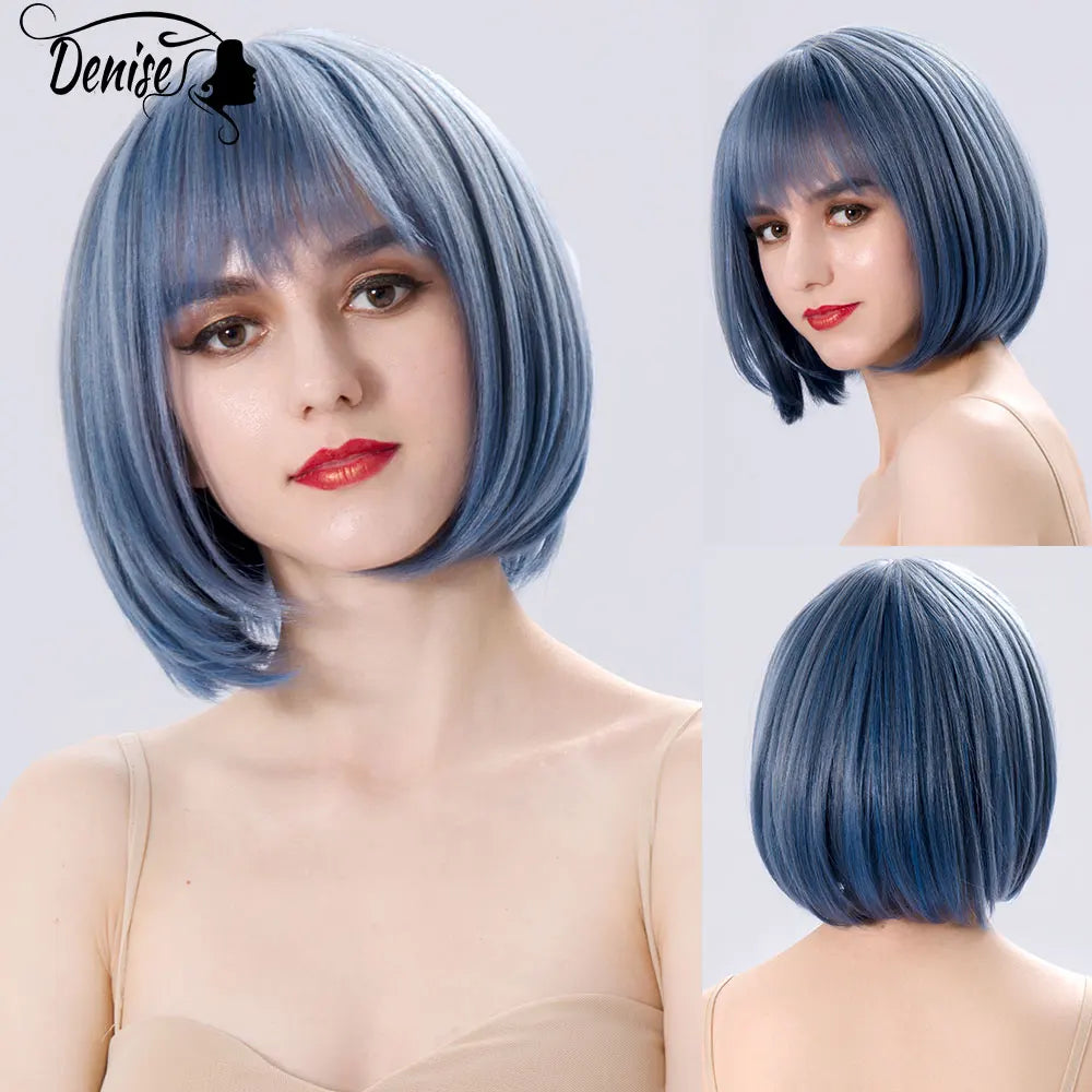 Bob Wig Straight Short Black To Blue Ombre Daily Synthetic Wigs For Women