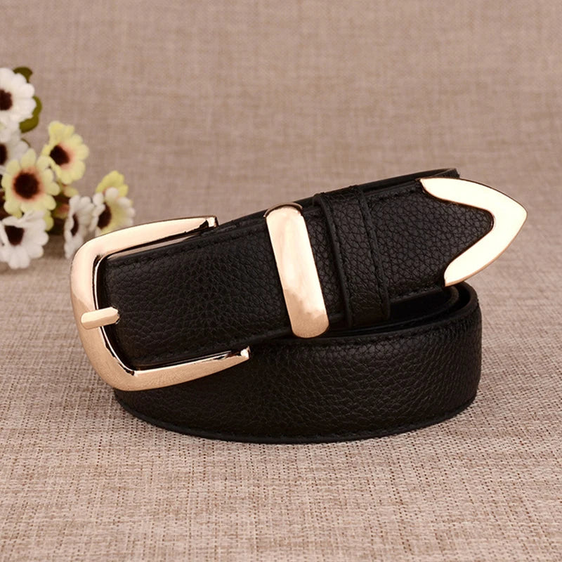 Fashion Women Leather Belts High Quality Gold Buckle Best Matching Dress Jeans Belts for Lady