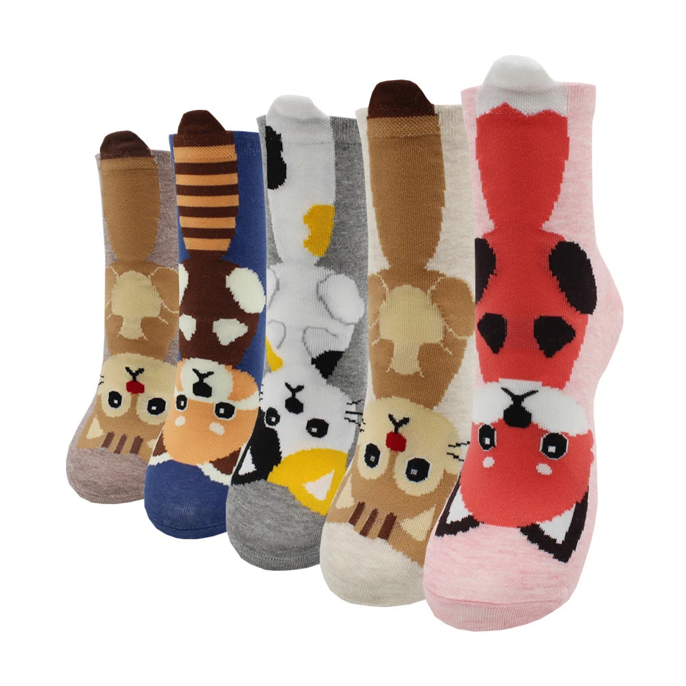 5 Pairs Fashion Colorful Kawaii Cute Cartoon Cotton Women Socks