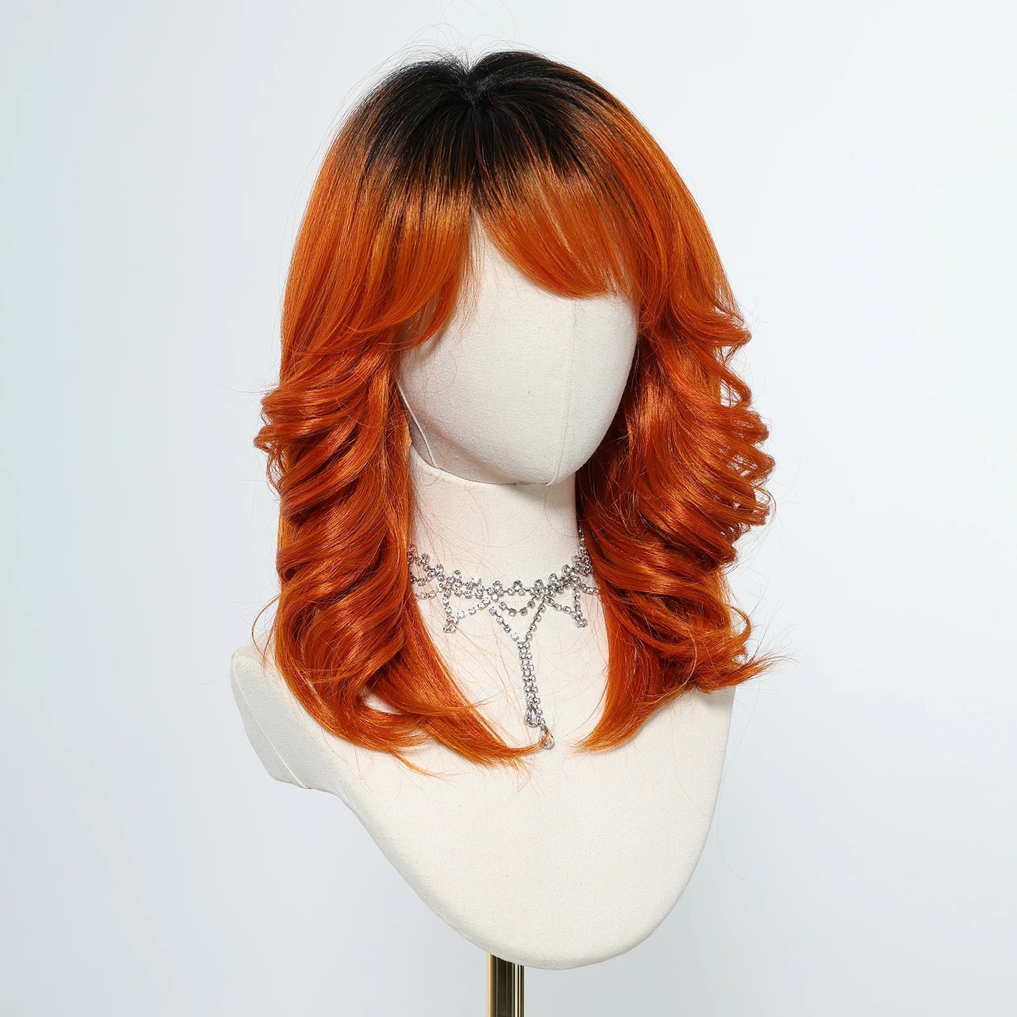 Brown to Orange Ombre Wavy Synthetic Wigs for Women Medium Length