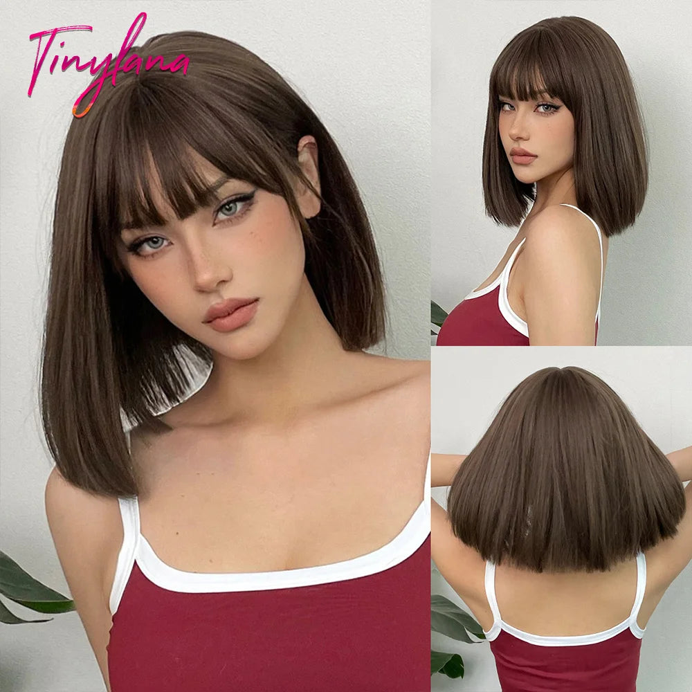 Bob Black Synthetic Wig with Bangs for Women Afro Short Dark Straight Wigs