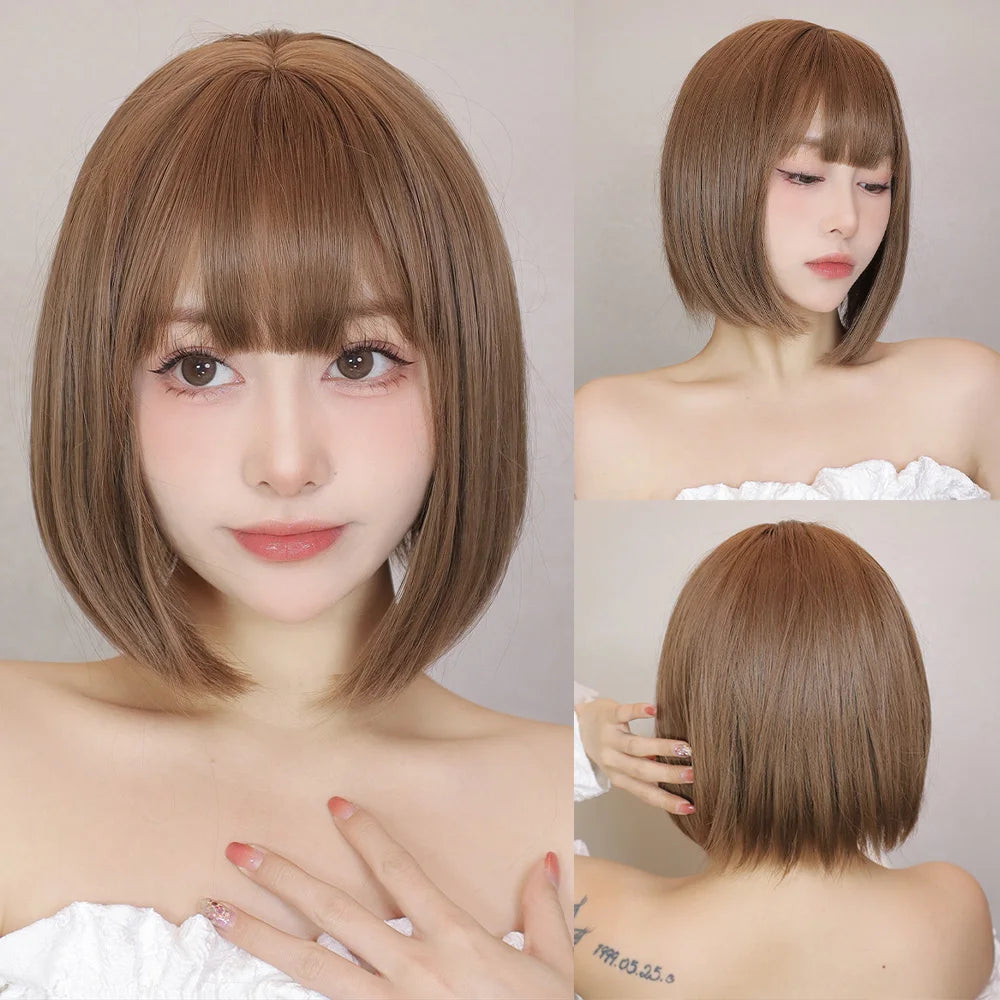 Light Brown Synthetic Wigs Straight Short Bob Cut