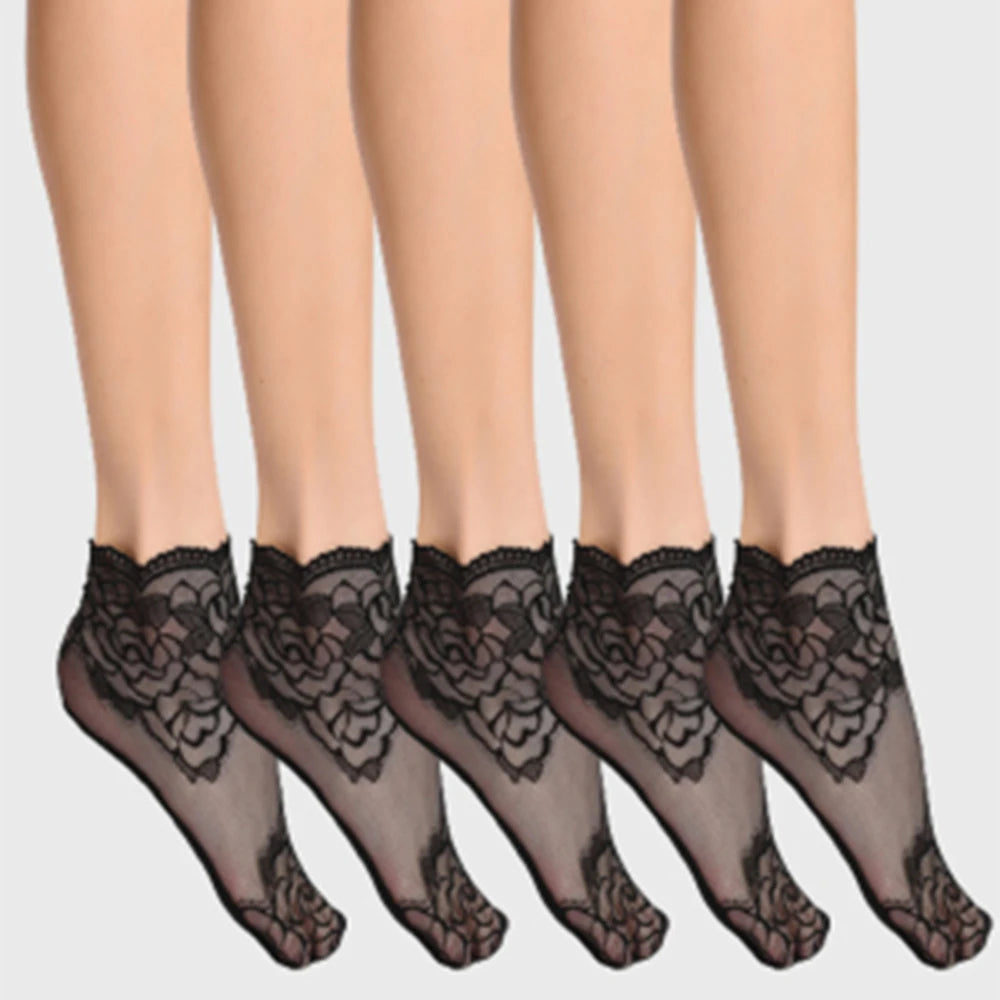 5 Pairs Vintage Lace Women's Socks Summer Mesh Elastic Transparent Ankle Socks