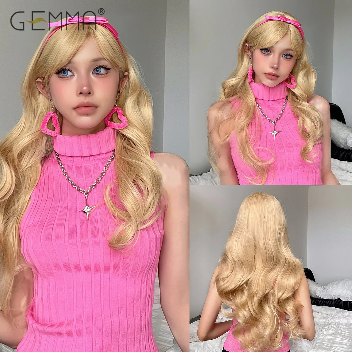 Long Wavy Light Ash Blonde Synthetic Wigs with Bangs for Women