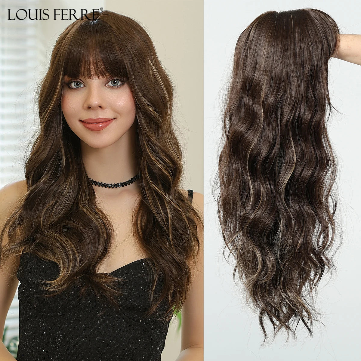 LOUIS FERRE Medium Length Wavy Synthetic Wigs With Bangs