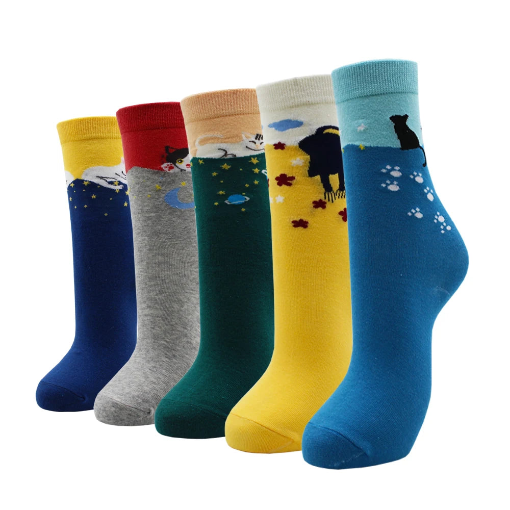 5 Pairs Fashion Colorful Kawaii Cute Cartoon Cotton Women Socks