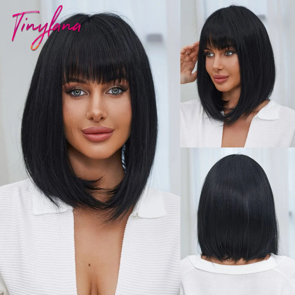 Bob Black Synthetic Wig with Bangs for Women Afro Short Dark Straight Wigs