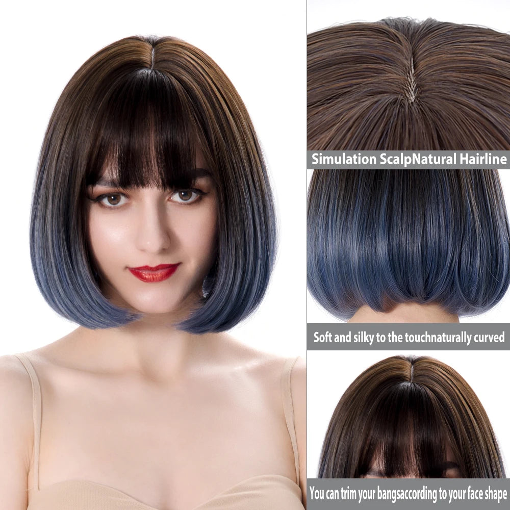 Bob Wig Straight Short Black To Blue Ombre Daily Synthetic Wigs For Women