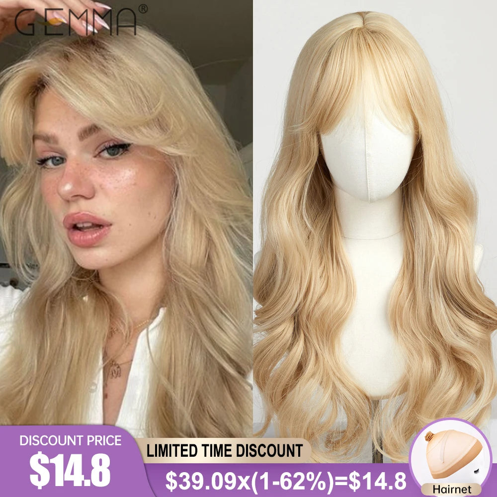 Long Wavy Light Ash Blonde Synthetic Wigs with Bangs for Women