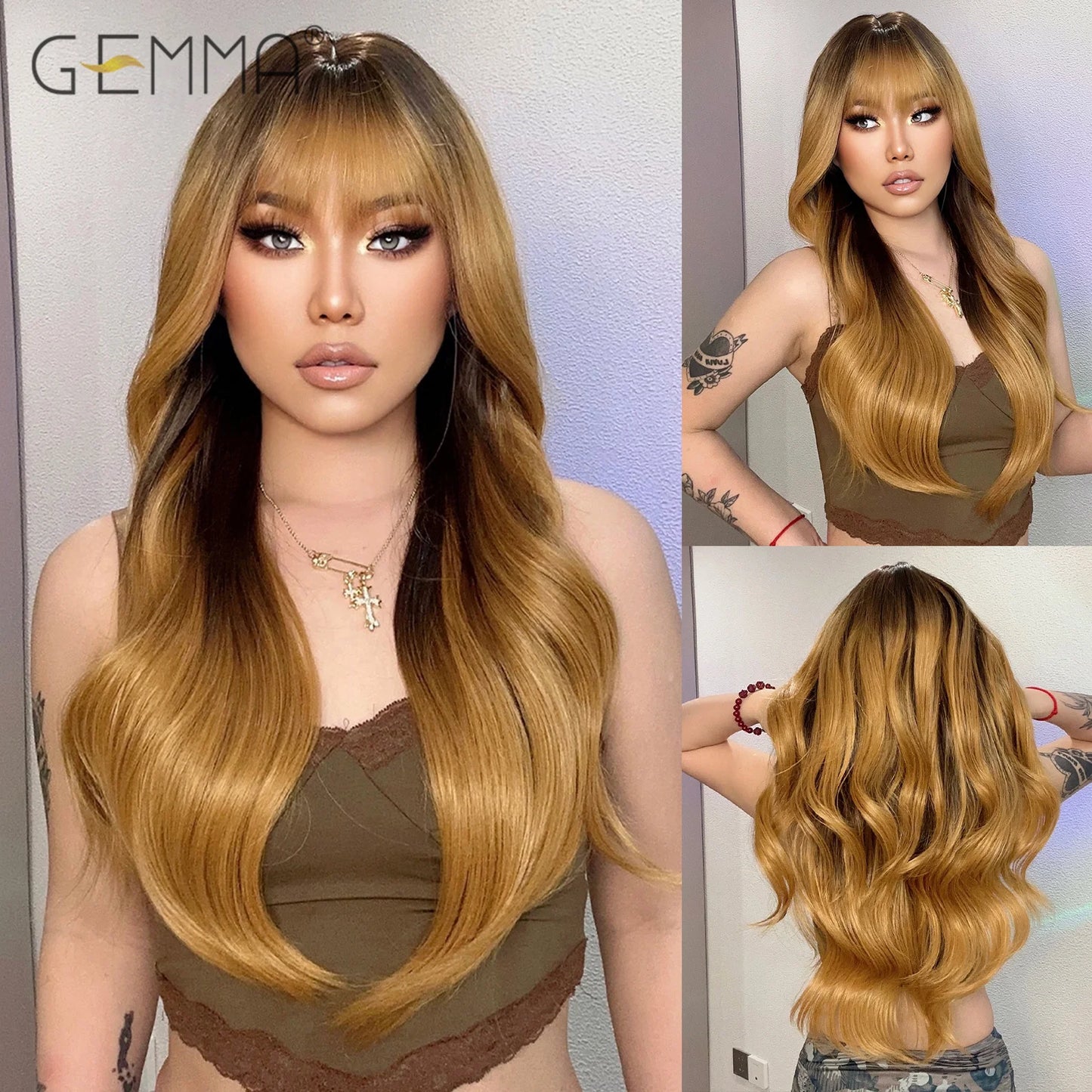 Long Wavy Light Ash Blonde Synthetic Wigs with Bangs for Women