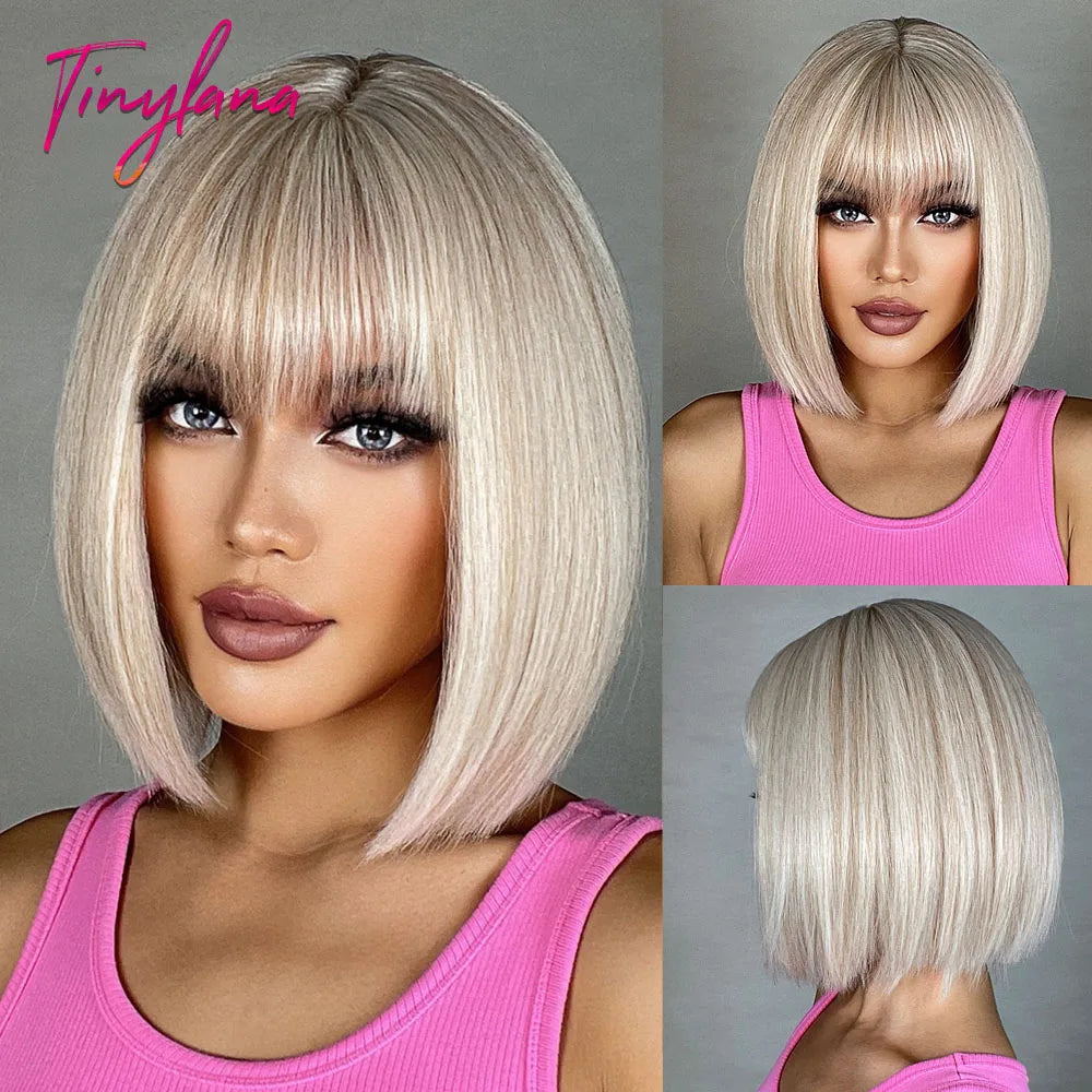 Bob Black Synthetic Wig with Bangs for Women Afro Short Dark Straight Wigs