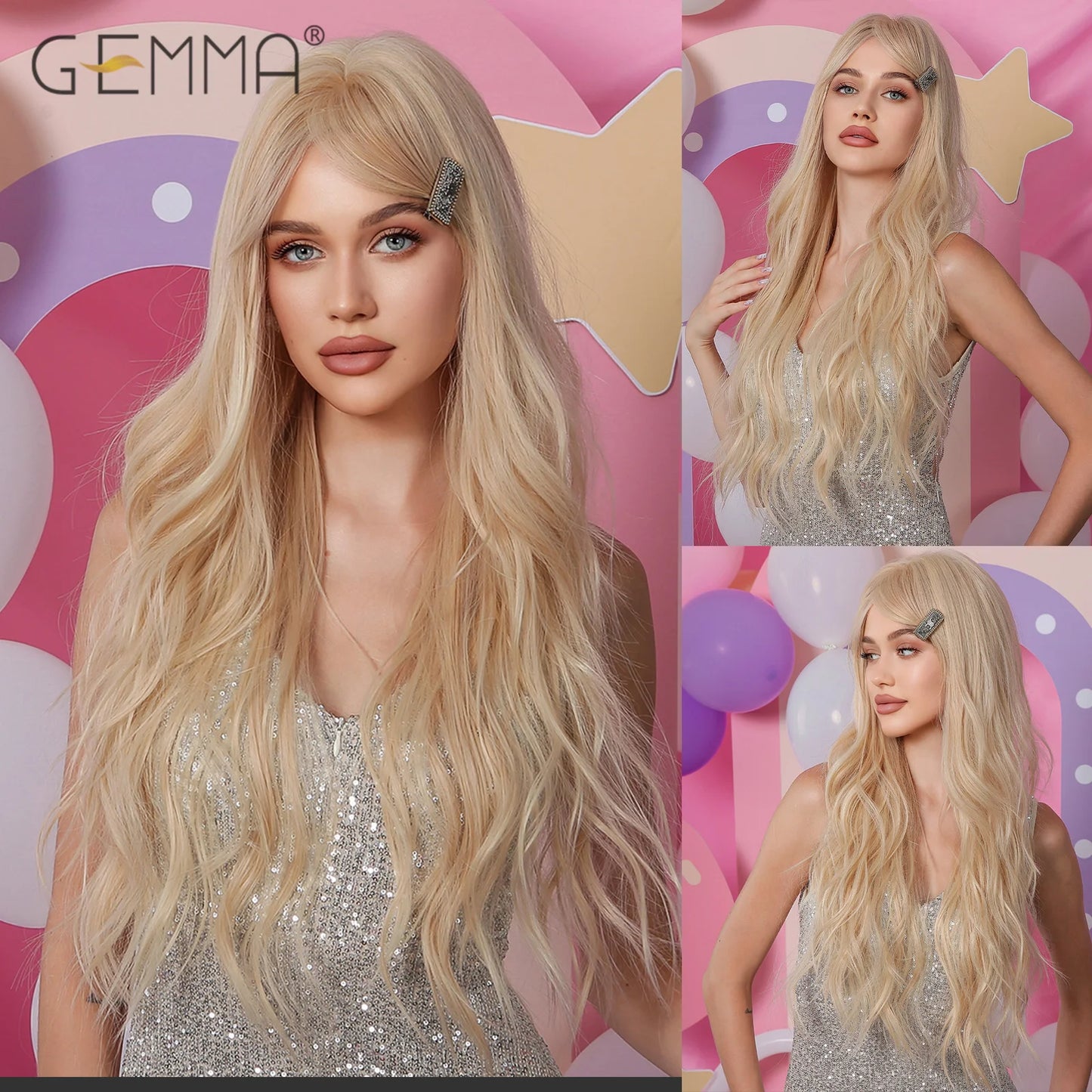 Long Wavy Light Ash Blonde Synthetic Wigs with Bangs for Women