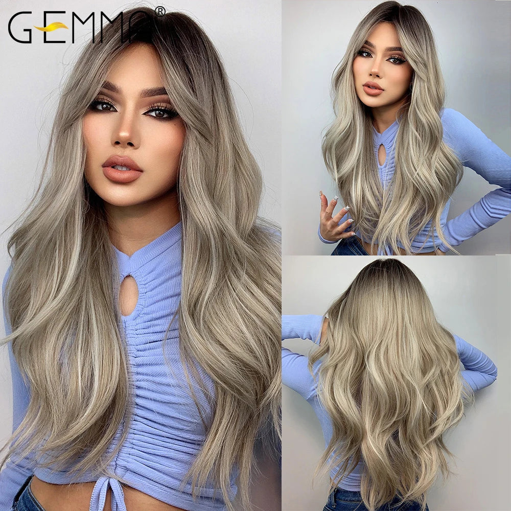 Long Wavy Light Ash Blonde Synthetic Wigs with Bangs for Women