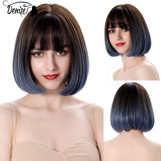 Bob Wig Straight Short Black To Blue Ombre Daily Synthetic Wigs For Women