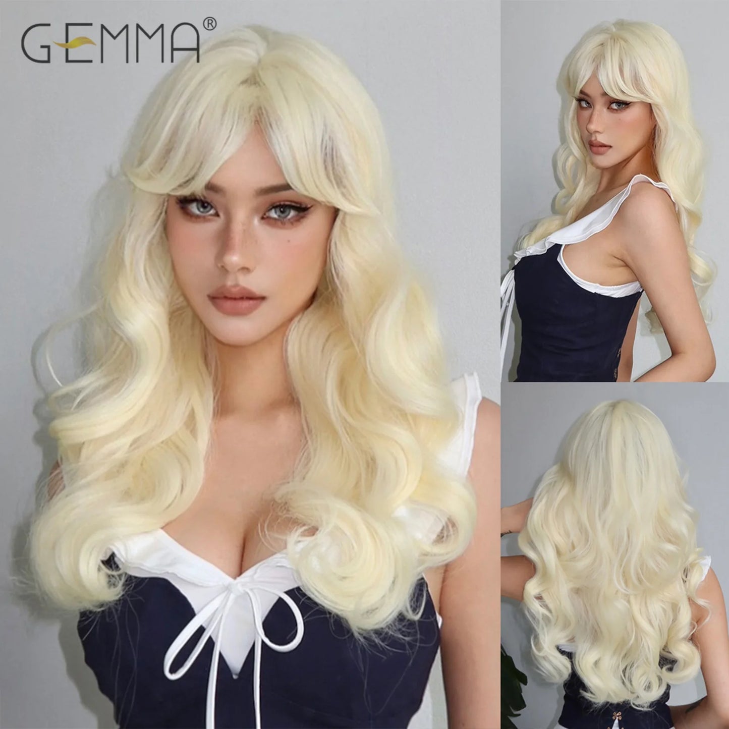 Long Wavy Light Ash Blonde Synthetic Wigs with Bangs for Women