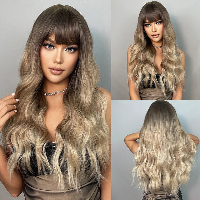 Long Wavy Light Ash Blonde Synthetic Wigs with Bangs for Women