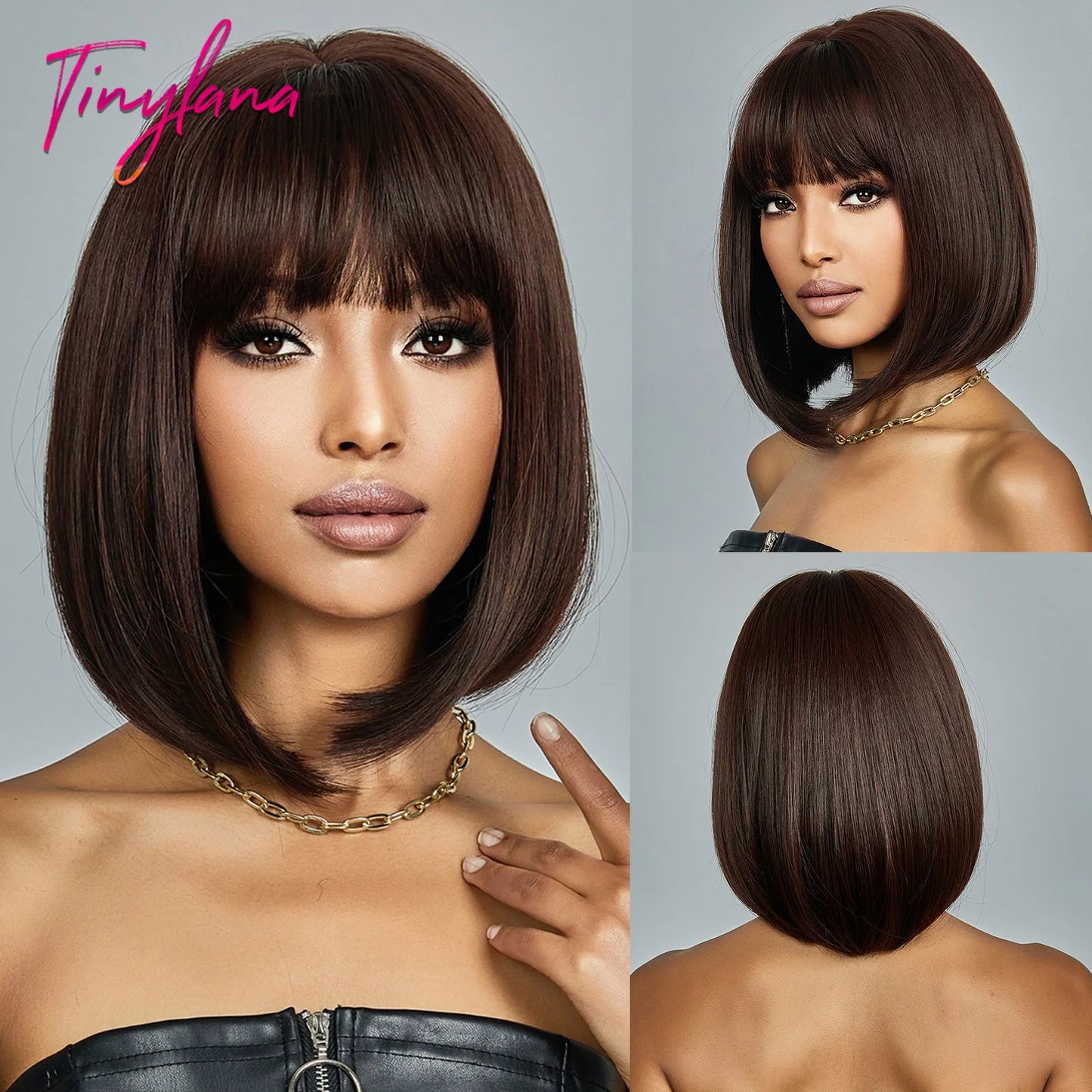 Bob Black Synthetic Wig with Bangs for Women Afro Short Dark Straight Wigs