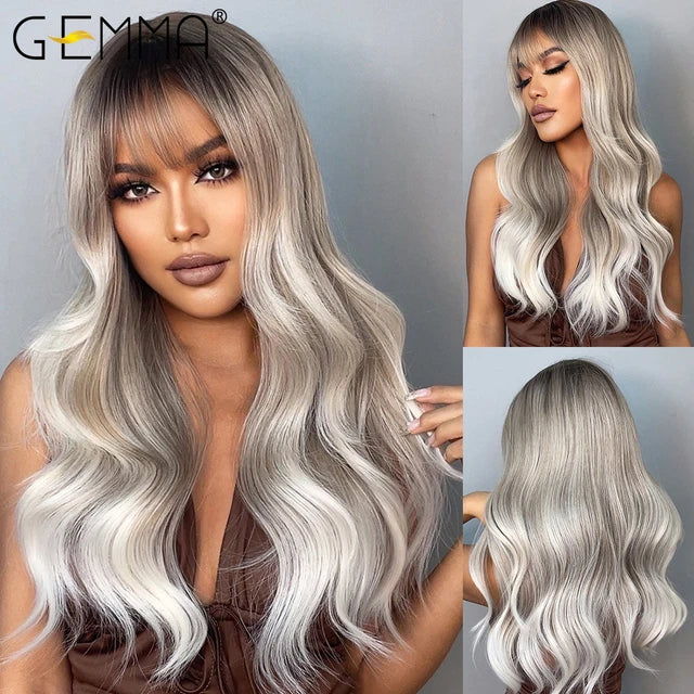 Long Wavy Light Ash Blonde Synthetic Wigs with Bangs for Women