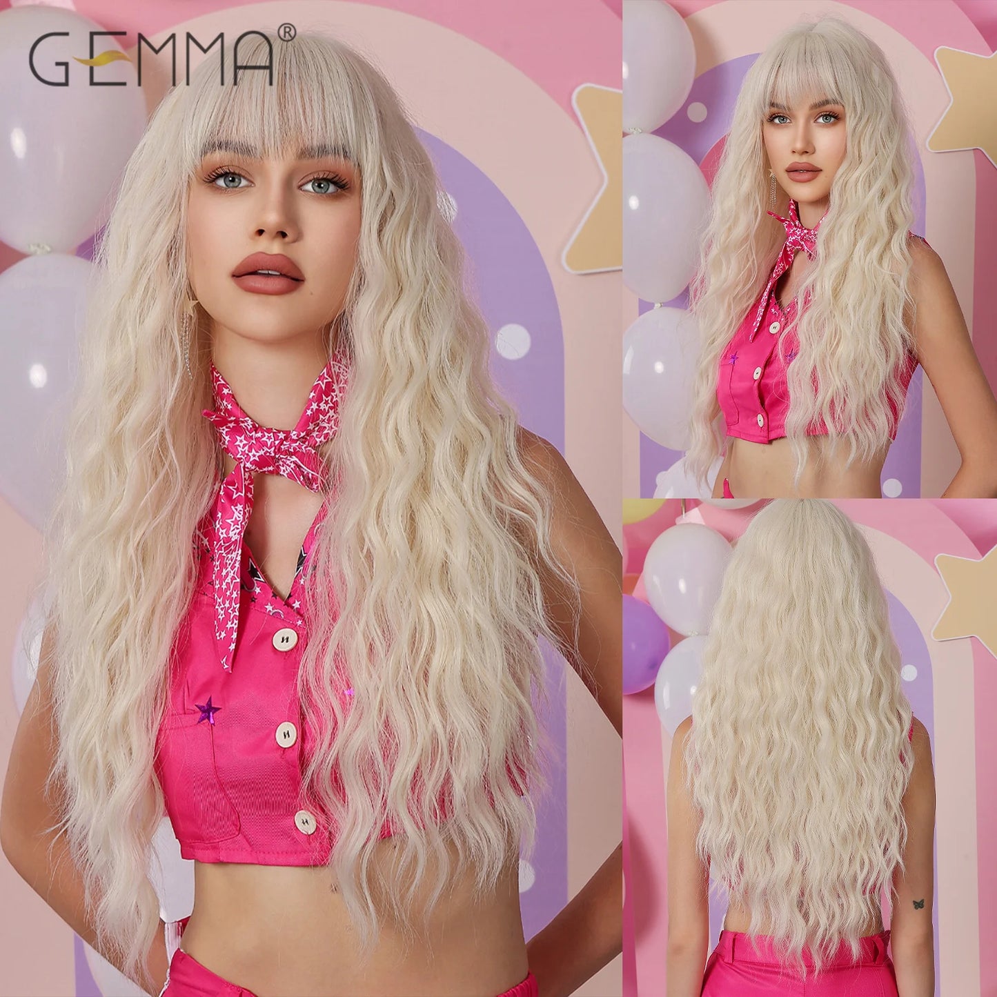 Long Wavy Light Ash Blonde Synthetic Wigs with Bangs for Women