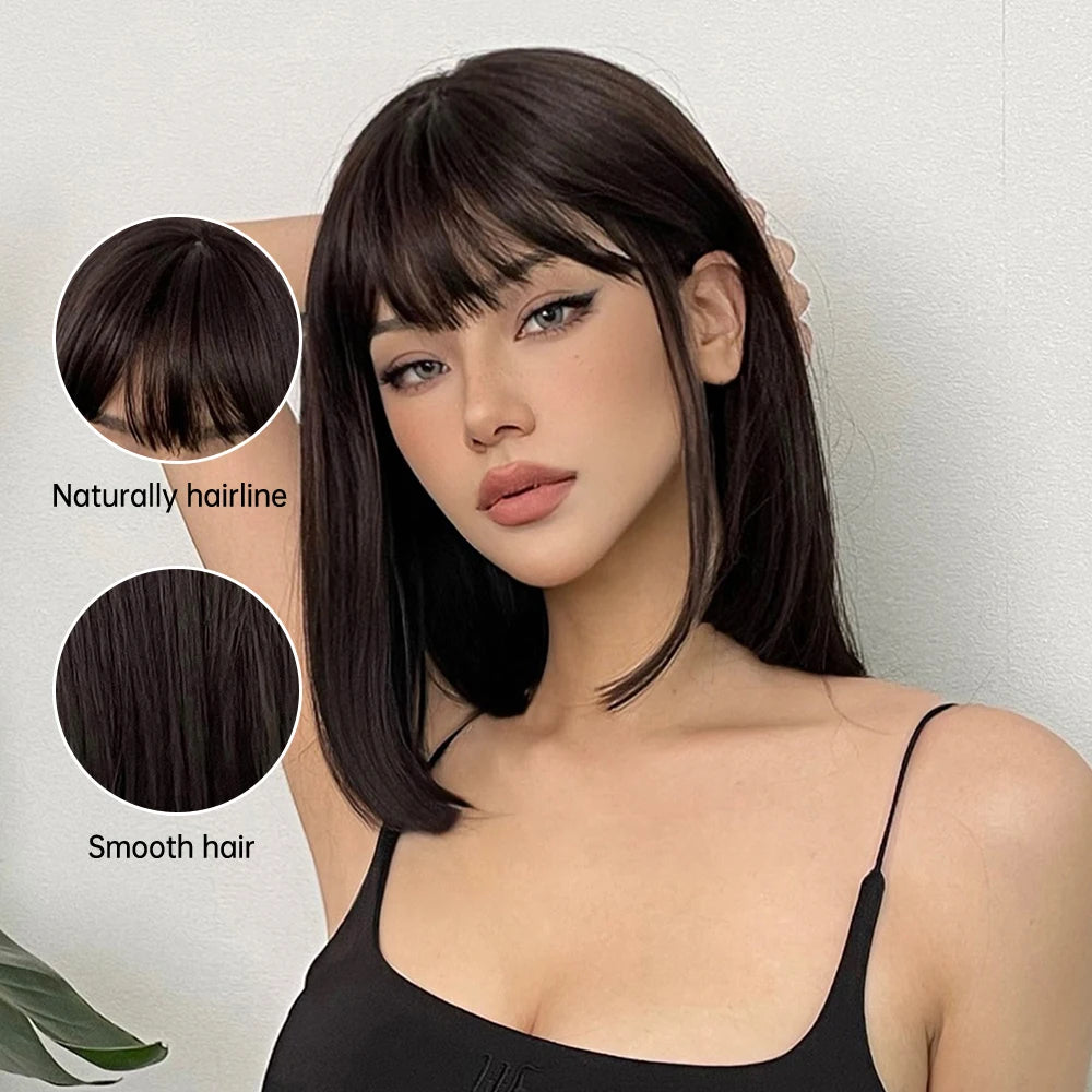 Short Black Brown Synthetic Natural Hair Wigs for Women