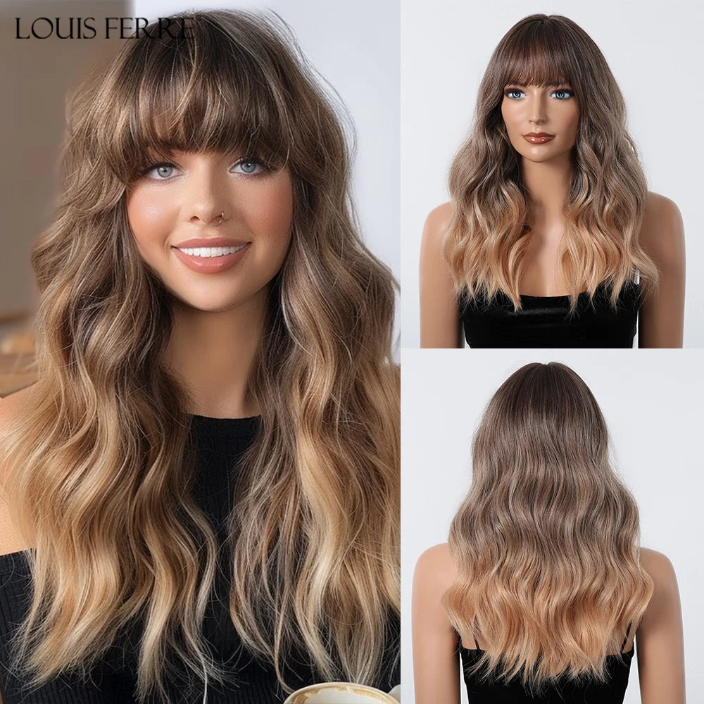 LOUIS FERRE Medium Length Wavy Synthetic Wigs With Bangs