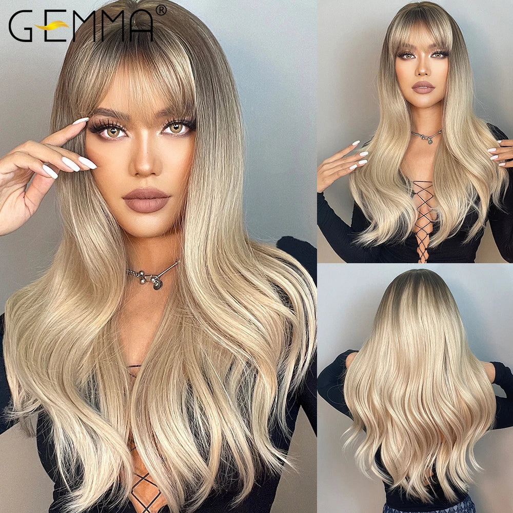 Long Wavy Light Ash Blonde Synthetic Wigs with Bangs for Women