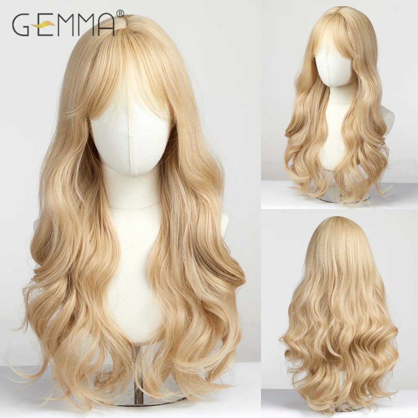 Long Wavy Light Ash Blonde Synthetic Wigs with Bangs for Women