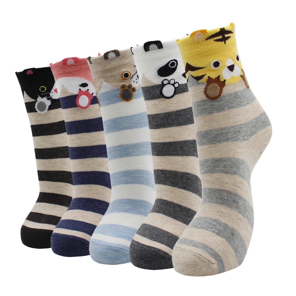 5 Pairs Fashion Colorful Kawaii Cute Cartoon Cotton Women Socks