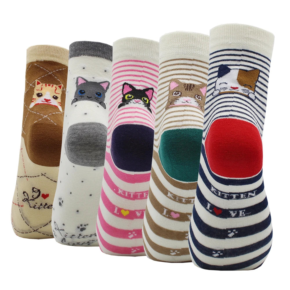 5 Pairs Fashion Colorful Kawaii Cute Cartoon Cotton Women Socks