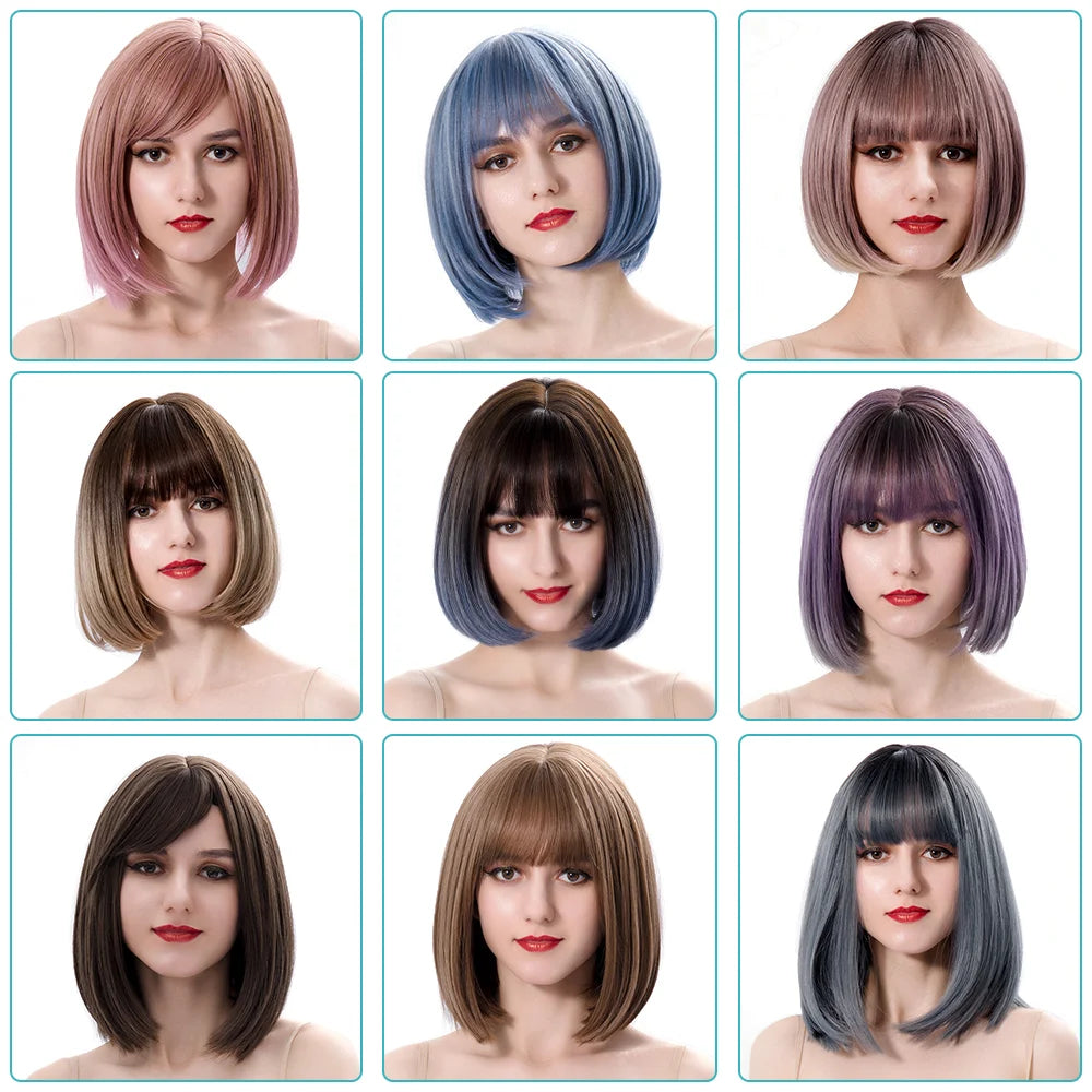 Bob Wig Straight Short Black To Blue Ombre Daily Synthetic Wigs For Women