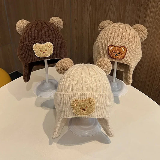 Baby wool hat cute bear ear protection hat