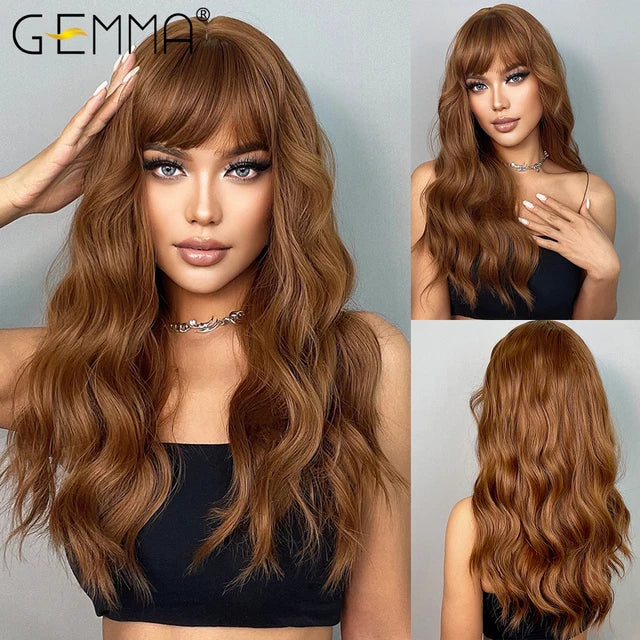 Long Wavy Light Ash Blonde Synthetic Wigs with Bangs for Women