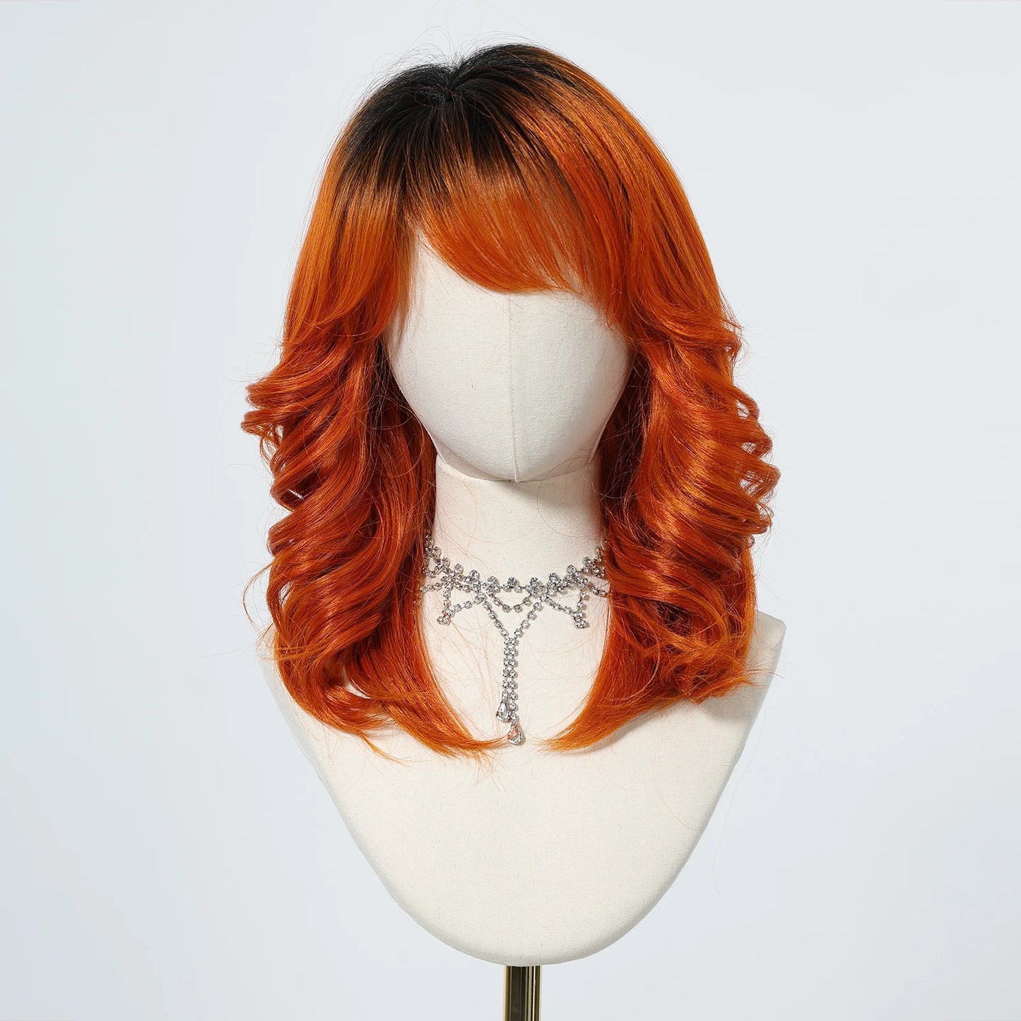 Brown to Orange Ombre Wavy Synthetic Wigs for Women Medium Length