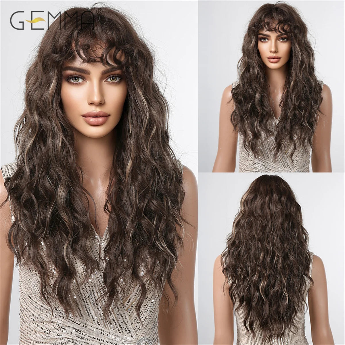 Long Wavy Light Ash Blonde Synthetic Wigs with Bangs for Women