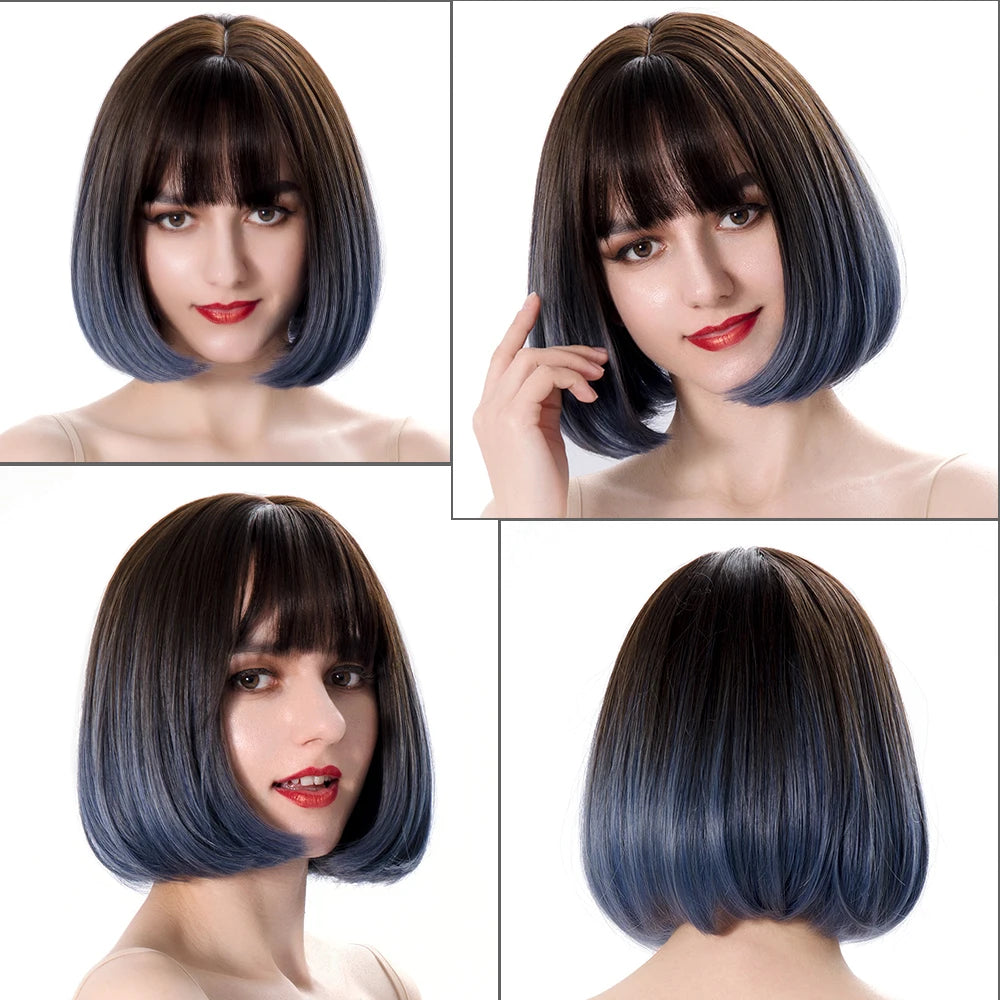 Bob Wig Straight Short Black To Blue Ombre Daily Synthetic Wigs For Women