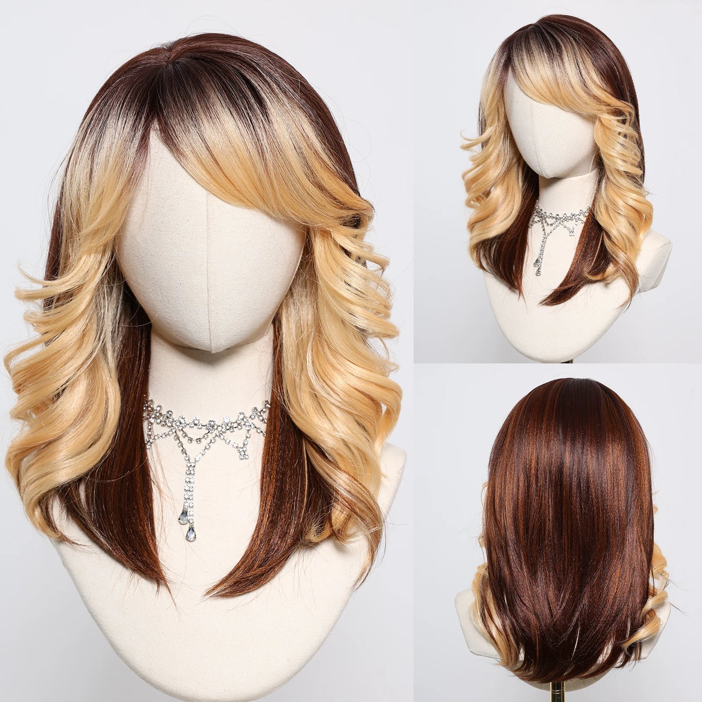 Brown to Orange Ombre Wavy Synthetic Wigs for Women Medium Length