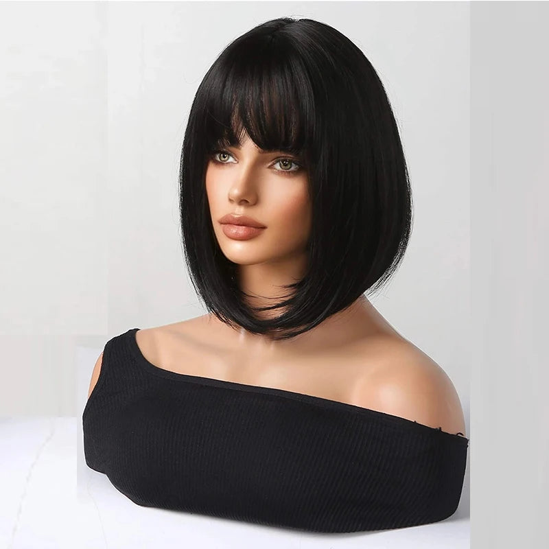 Bob Black Synthetic Wig with Bangs for Women Afro Short Dark Straight Wigs