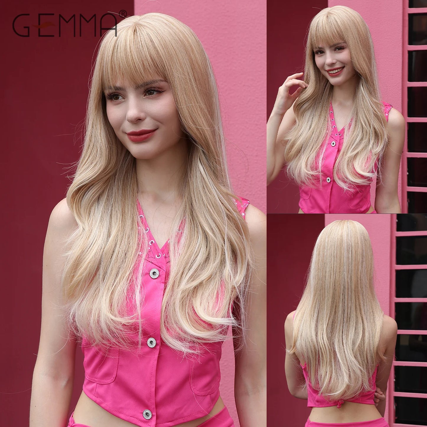 Long Wavy Light Ash Blonde Synthetic Wigs with Bangs for Women