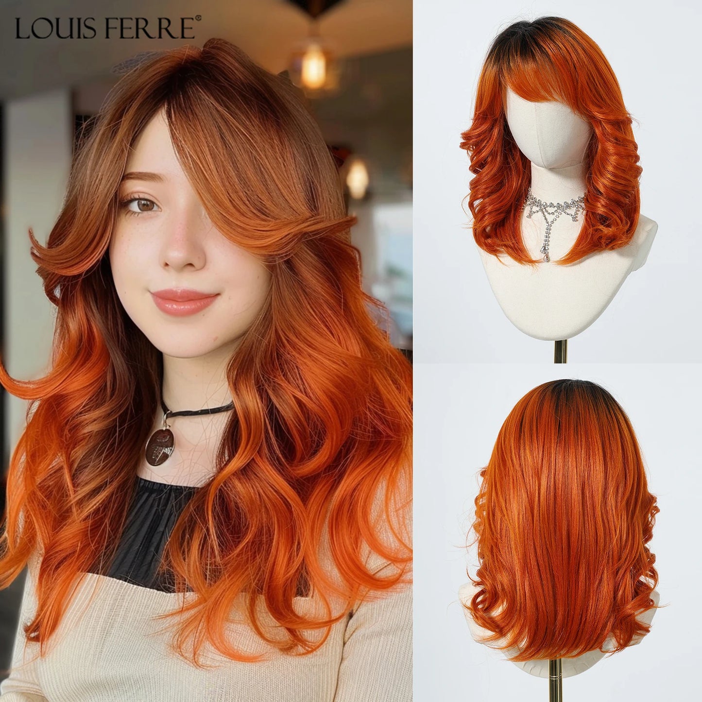 Brown to Orange Ombre Wavy Synthetic Wigs for Women Medium Length