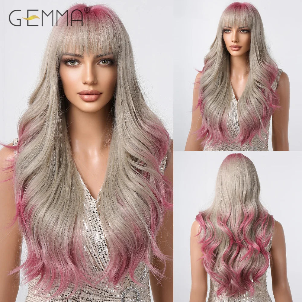 Long Wavy Light Ash Blonde Synthetic Wigs with Bangs for Women