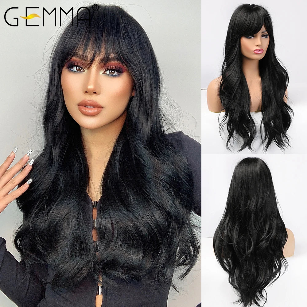 Long Wavy Light Ash Blonde Synthetic Wigs with Bangs for Women