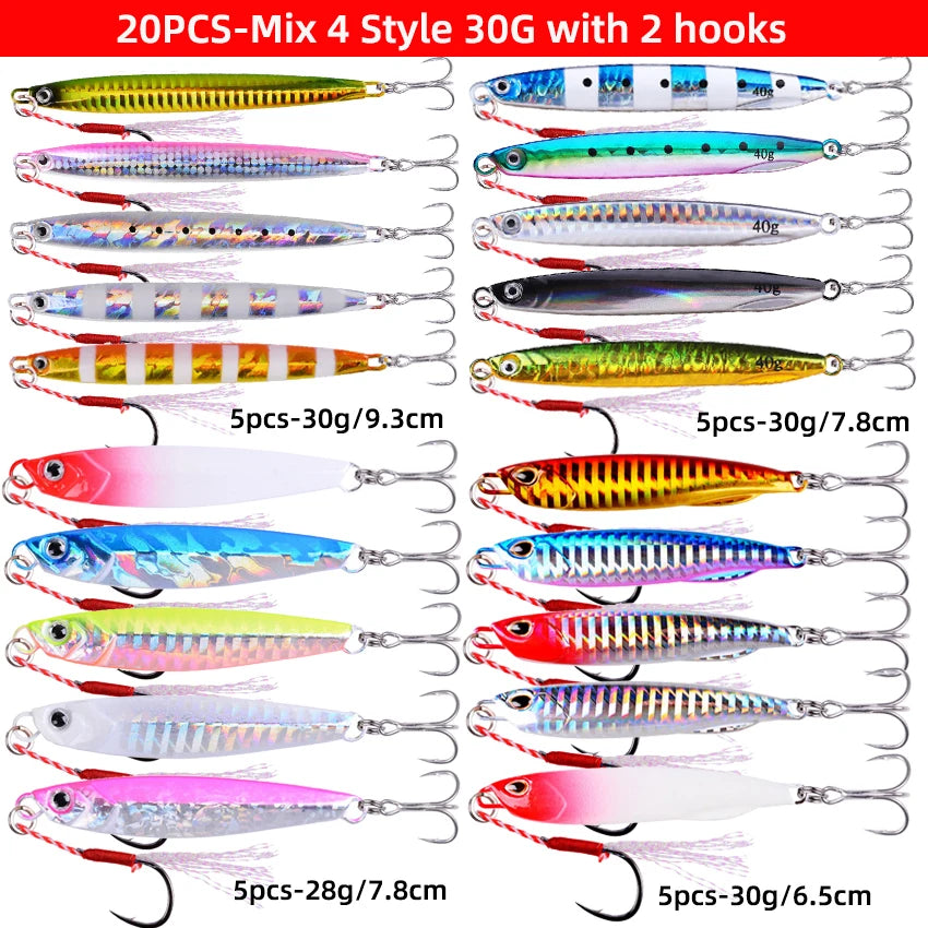 20PCS Casting Metal Jigs Fishing Lures Kit 10G 20G 28G 30G 60G