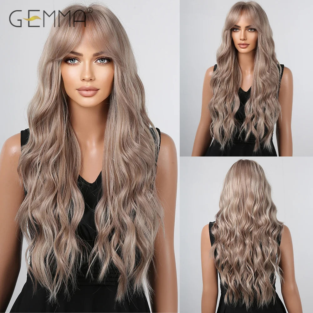 Long Wavy Light Ash Blonde Synthetic Wigs with Bangs for Women