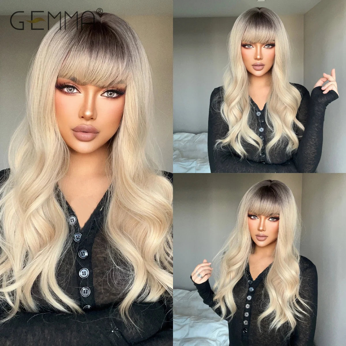 Long Wavy Light Ash Blonde Synthetic Wigs with Bangs for Women